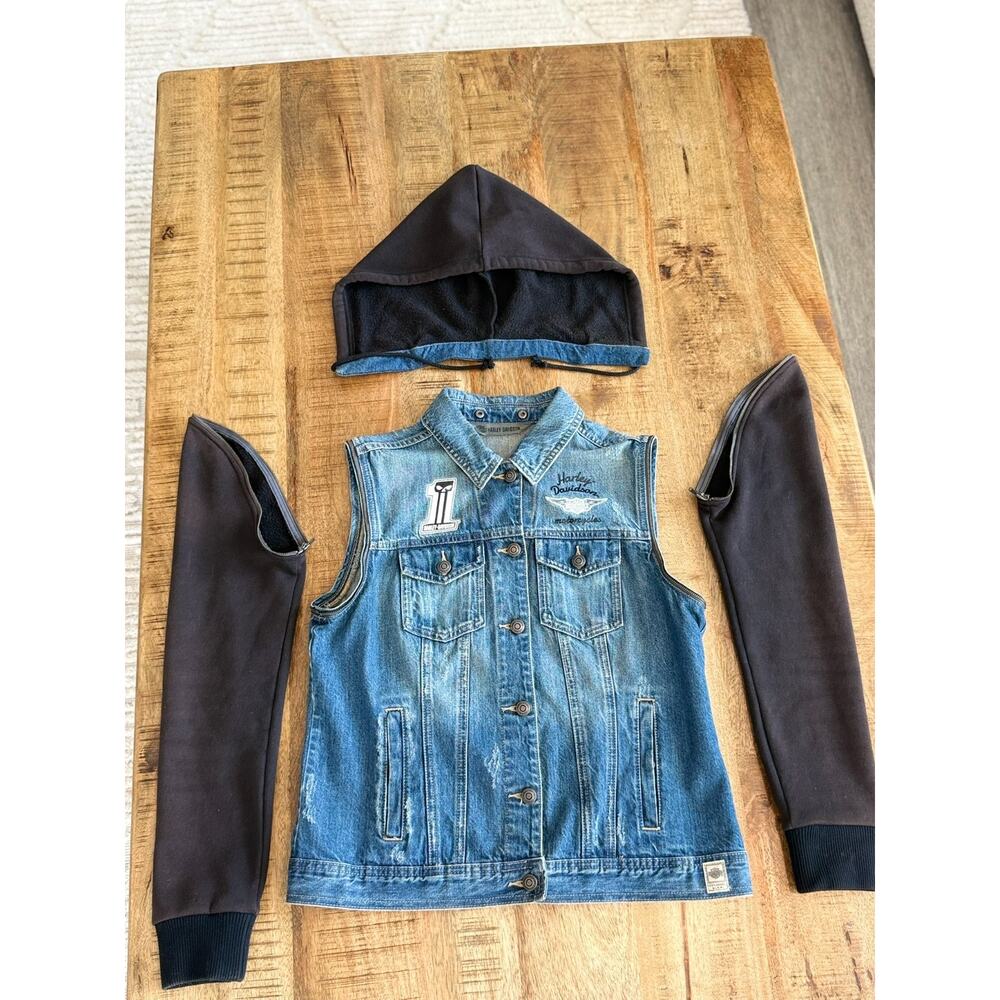 Harley-Davidson Women's Denim Jacket M Blue Zip-Off Sleeve Vest Hood 98402-20VW - Picture 15 of 15